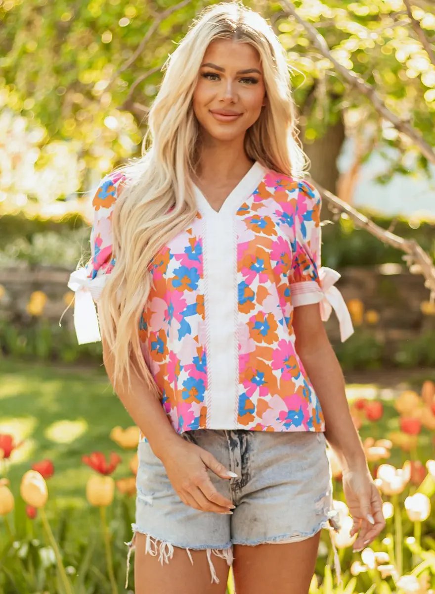 White Floral Colorblock Striped Edge V Neck Knotted Blouse - Love Salve